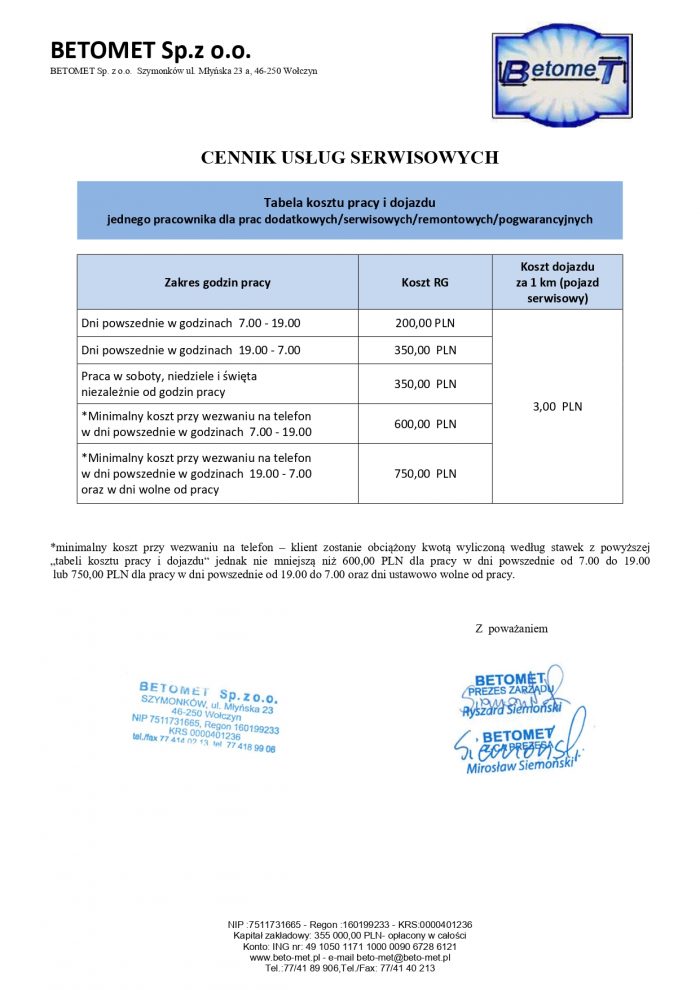 Cennik serwisowy